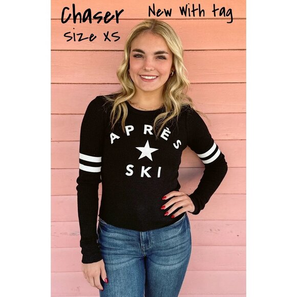 Chaser Tops - Chaser Apres Ski Star Thermal Pullover Top, Crew Neck Black, Size XS, New